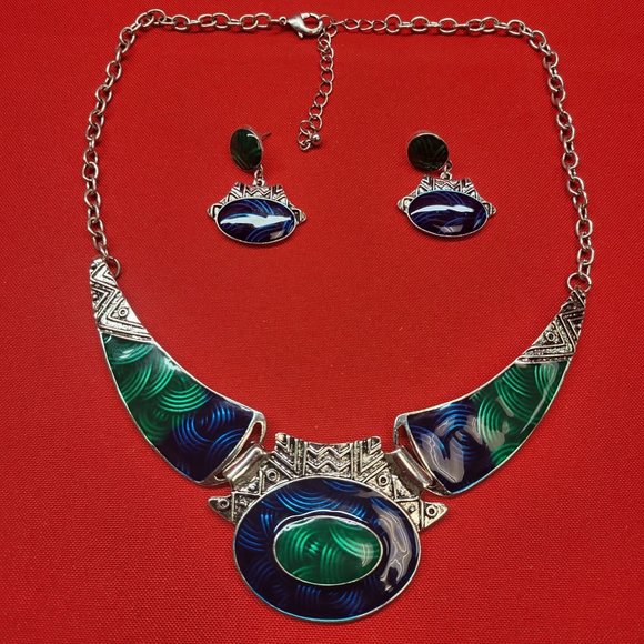 Oval Gangle Bib Collar Necklace Earrings Jewelry Set Boho Statement Metal Tribal - Picture 1 of 16
